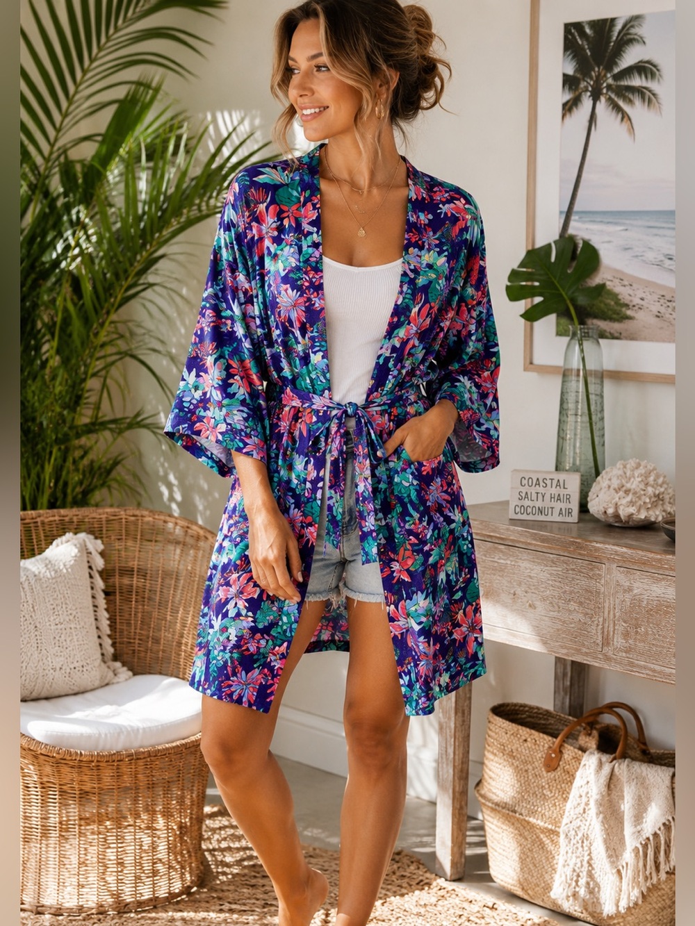 Jockey Tropical Floral Kimono Robe Women’s M Tie Waist Lightweight Cover-Up